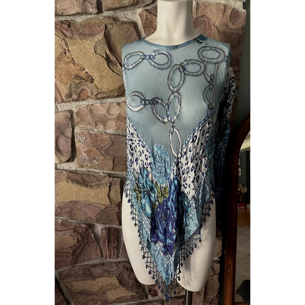 Asymmetrical Teal Silk Blend Burnout Velvet Beaded Fringe Floral Poncho Top